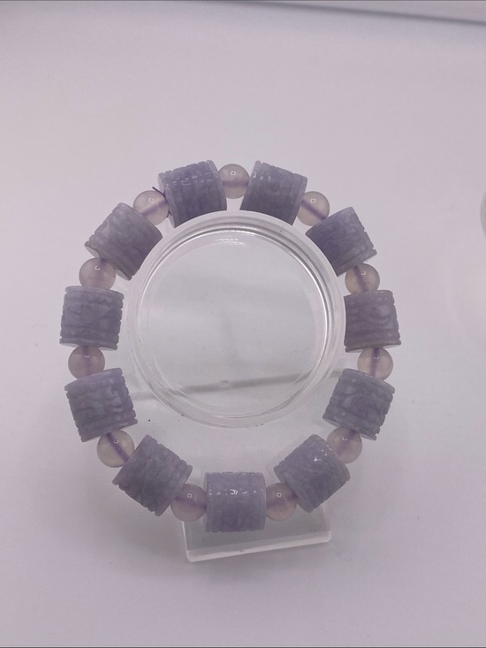Jewelry - Genuine Lavender Jadeite Carved Barrel Bracelet - Natural Purple Icy Accents